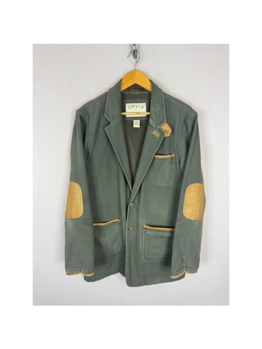 Orvis Mens Canvas Field Blazer Jacket Green Leather Trim Elbow Patches 40L